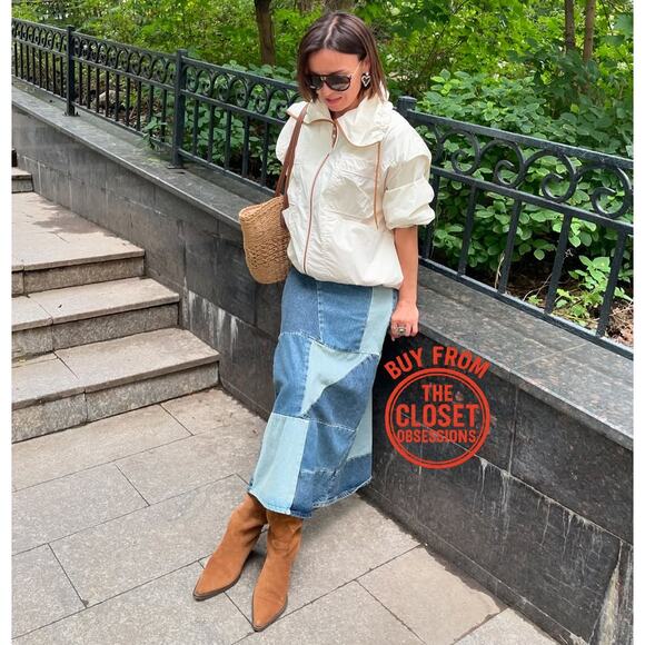 MANGO Patchwork Denim Midi Skirt NWT | Blue Cotton A-Line - Picture 11 of 16